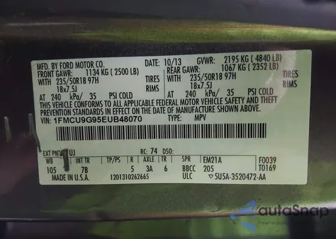 2014 Ford Escape Se из США, поврежденный, VIN 1FMCU9G95EUB48070